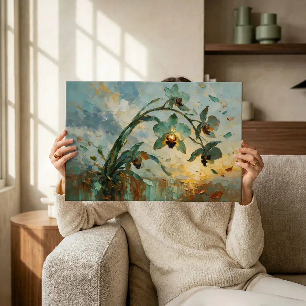 Sfeerimpressie: Orchidee tegen de lucht in zeegroen terwijl het omhoog wordt gehouden