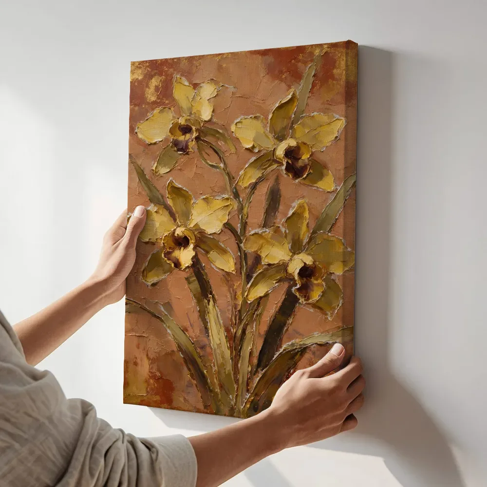Sfeerimpressie: Orchidee van dichtbij in mosterd terwijl het aan de muur wordt gehangen