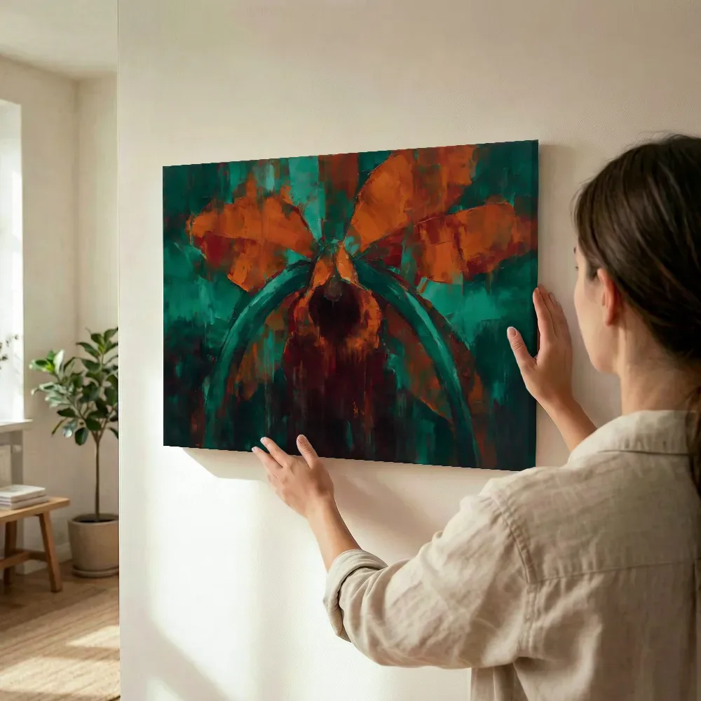 Sfeerimpressie: Orchidee van dichtbij in roestturkoois terwijl het wordt opgehangen
