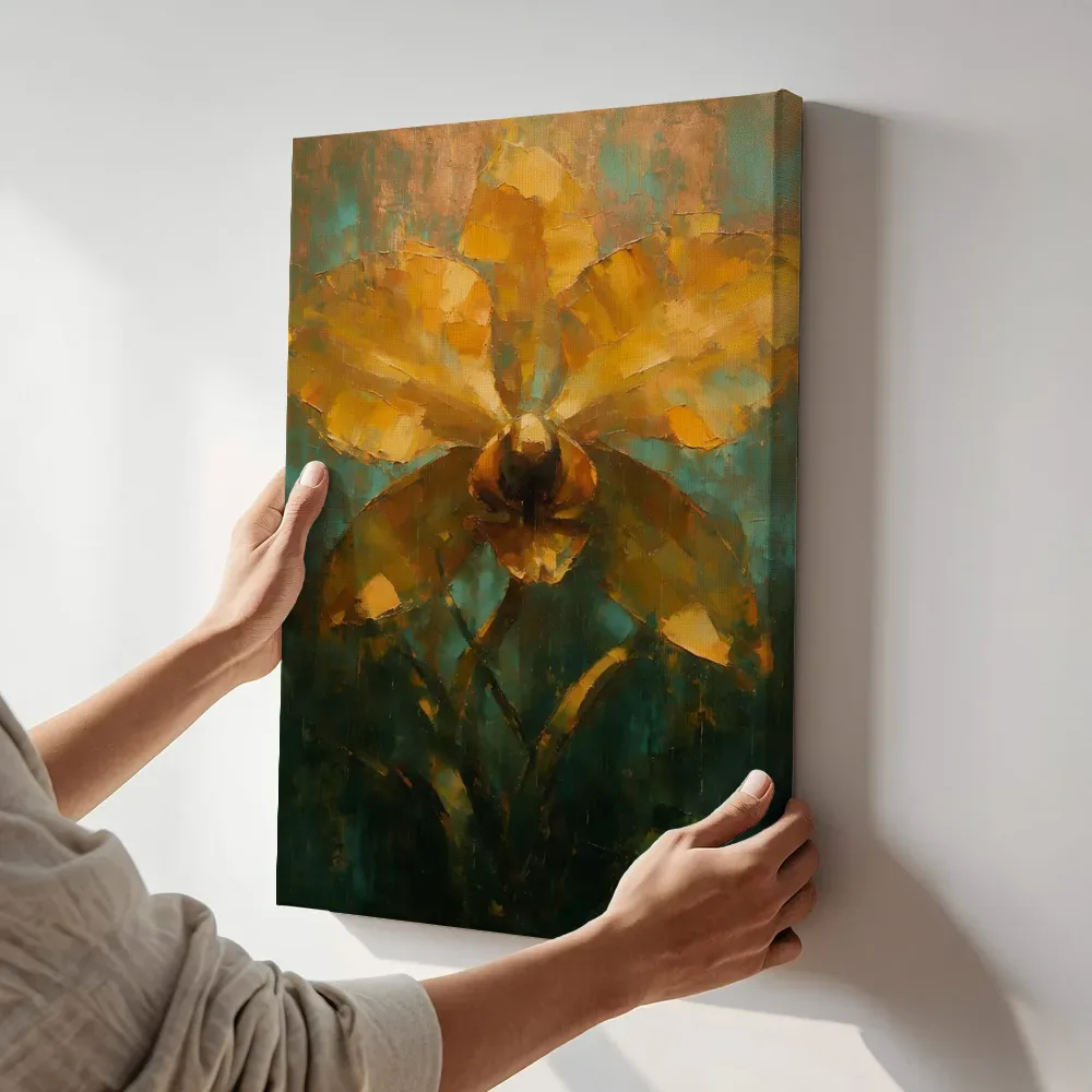 Sfeerimpressie: Orchidee van dichtbij in saffraan terwijl het aan de muur wordt gehangen