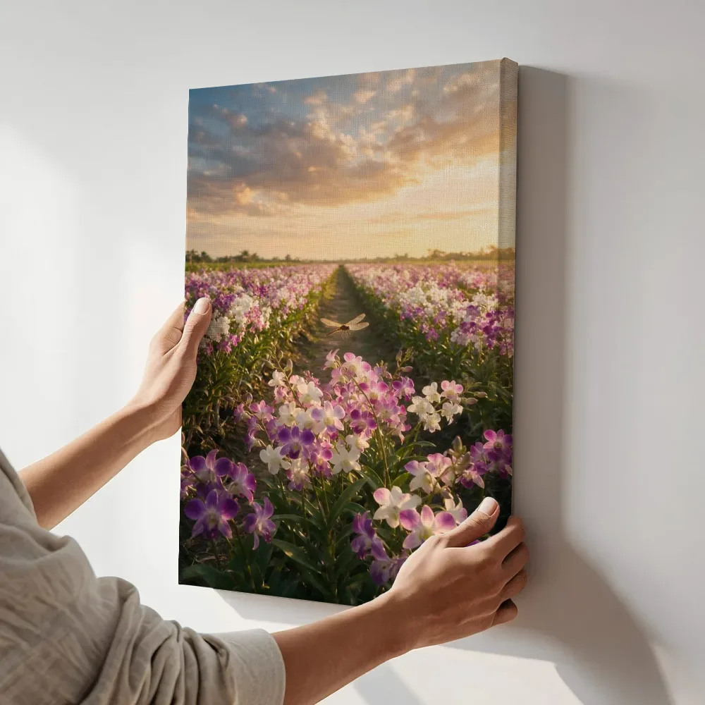 Sfeerimpressie: Orchideeën bij het gouden uur 6 terwijl het aan de muur wordt gehangen