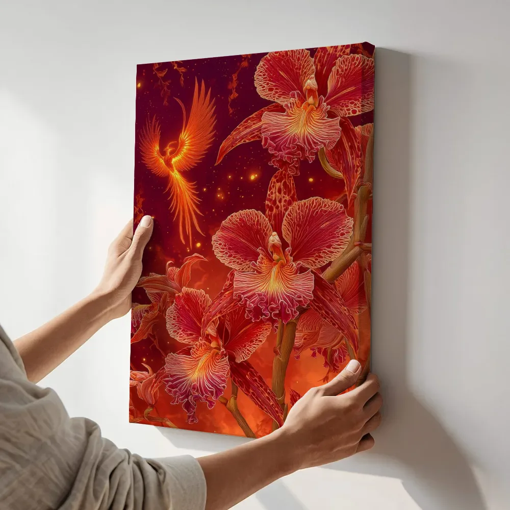 Sfeerimpressie: Orchideeen en de feniks in vuur terwijl het aan de muur wordt gehangen