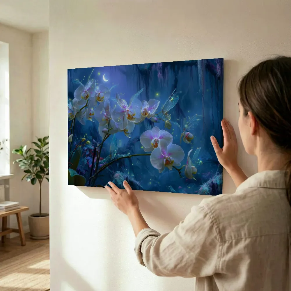 Sfeerimpressie: Orchideeen in mystiek maanlicht terwijl het wordt opgehangen