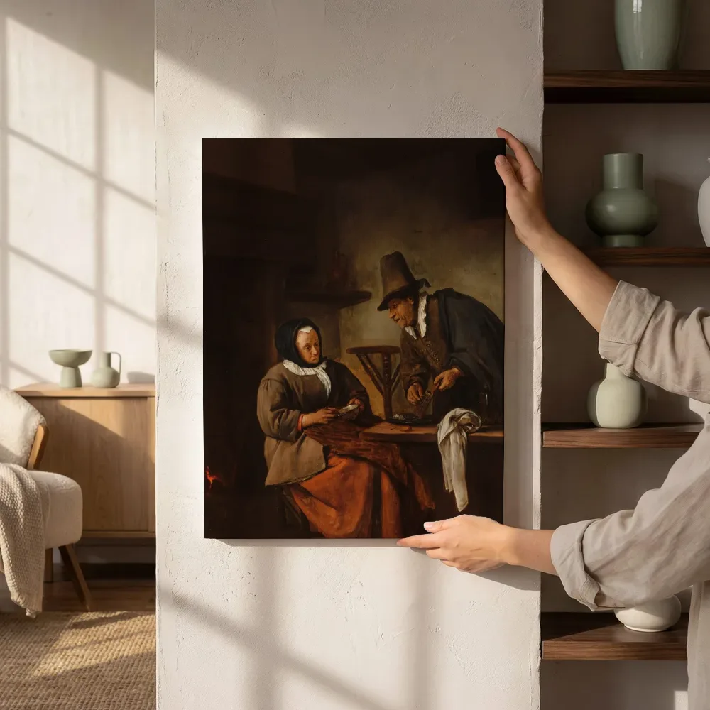 Sfeerimpressie: Oud paar dat een drank bereidt van Jan Steen naast de kast