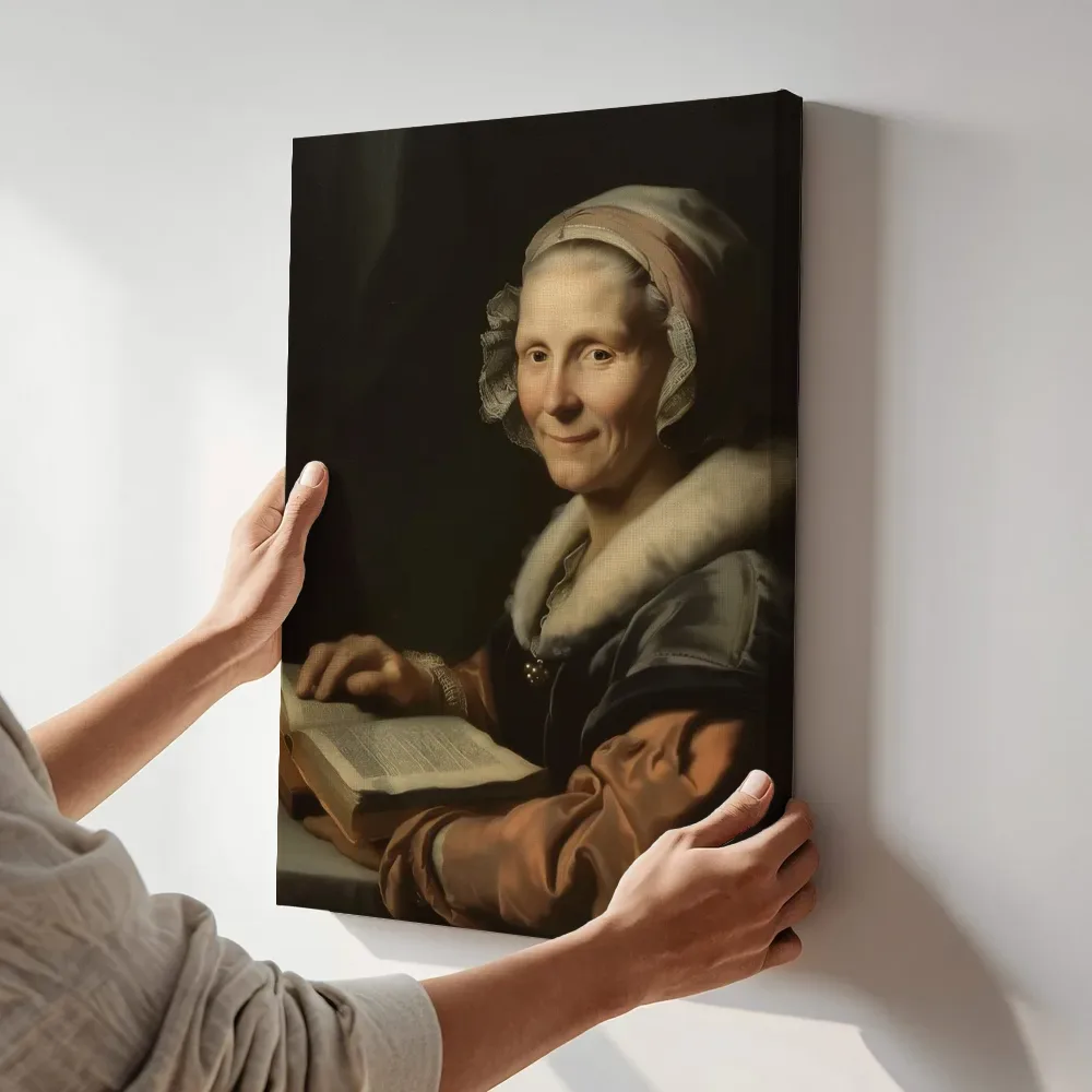 Sfeerimpressie: Oude vrouw met boek terwijl het aan de muur wordt gehangen