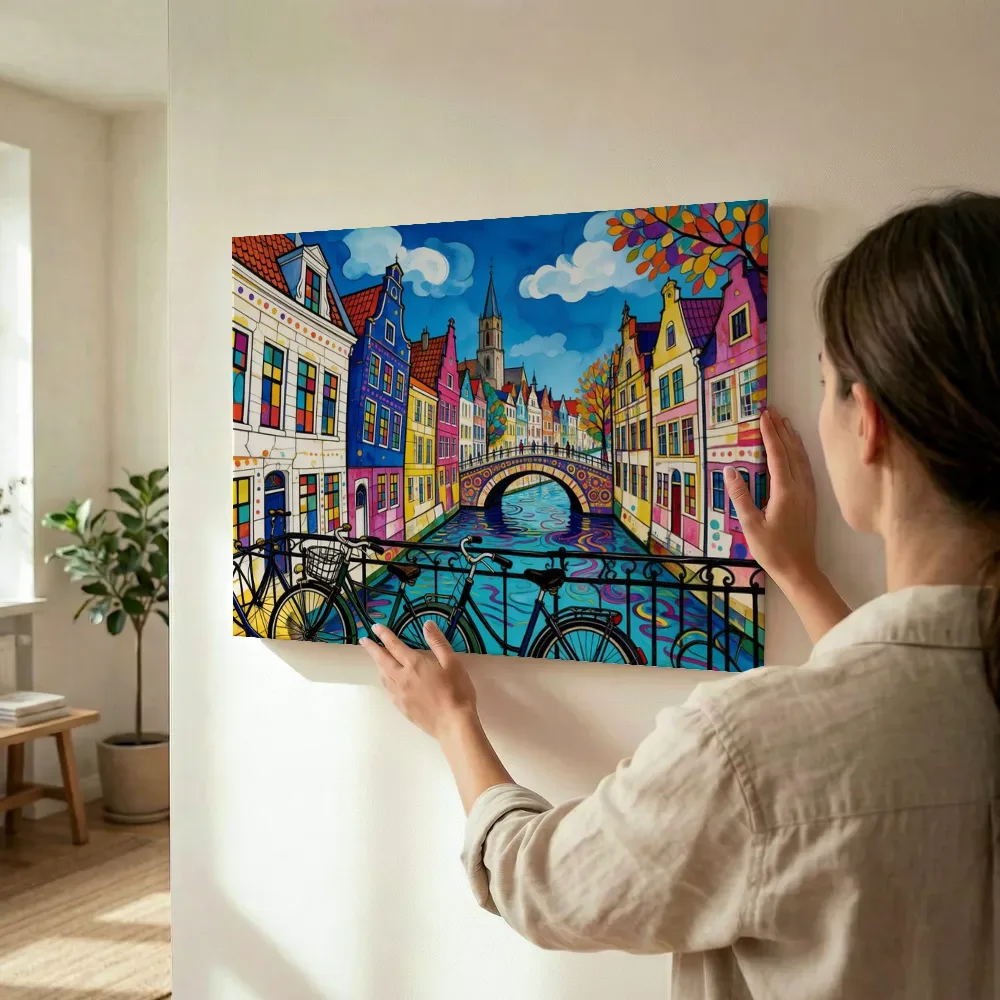 Sfeerimpressie: Oudewater, brug in bonte kleuren terwijl het wordt opgehangen