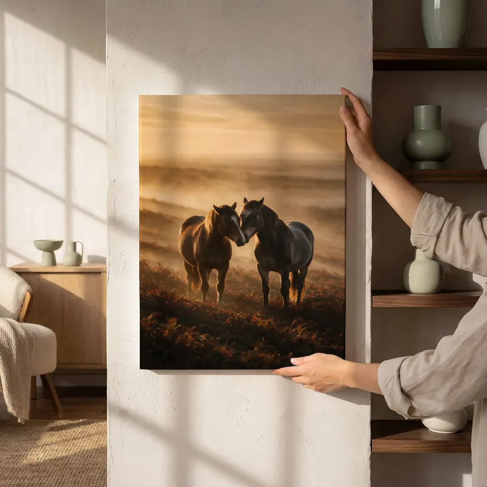Sfeerimpressie: Paard een teder moment, de ochtendmist naast de kast