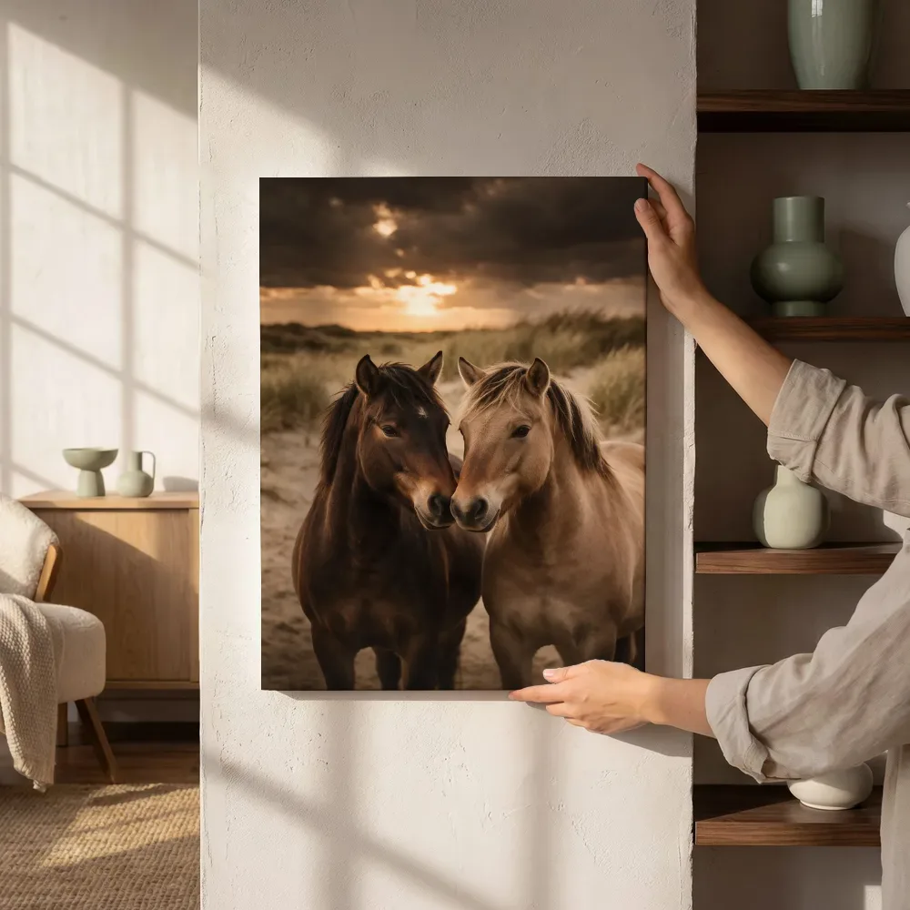 Sfeerimpressie: Paard een teder moment, een dreigende luchten met een sepia-gloed naast de kast