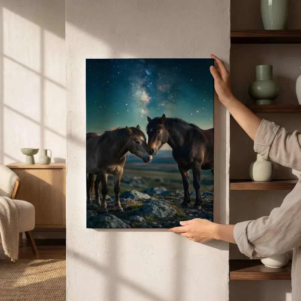 Sfeerimpressie: Paard een teder moment, een heldere sterrenhemel naast de kast