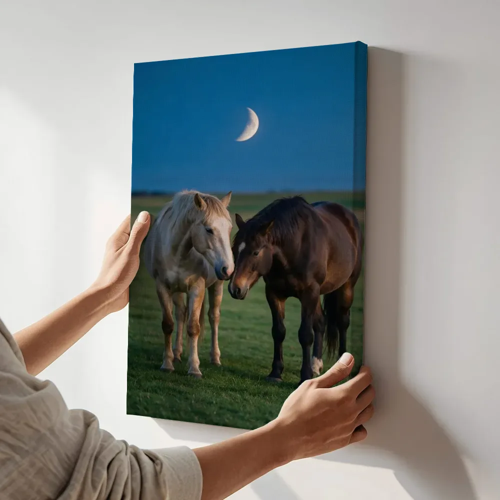 Sfeerimpressie: Paard een teder moment, het blauwe uur met een maansikkel terwijl het aan de muur wordt gehangen