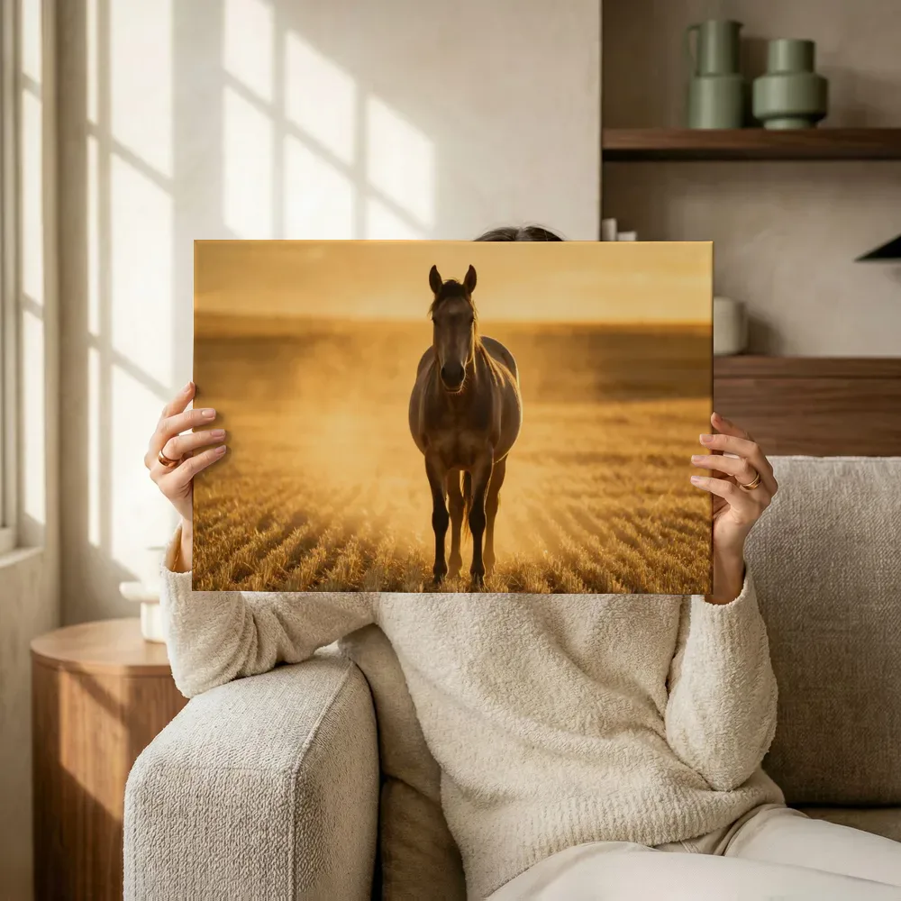 Sfeerimpressie: Paard frontaal, een gouden namiddagzon terwijl het omhoog wordt gehouden