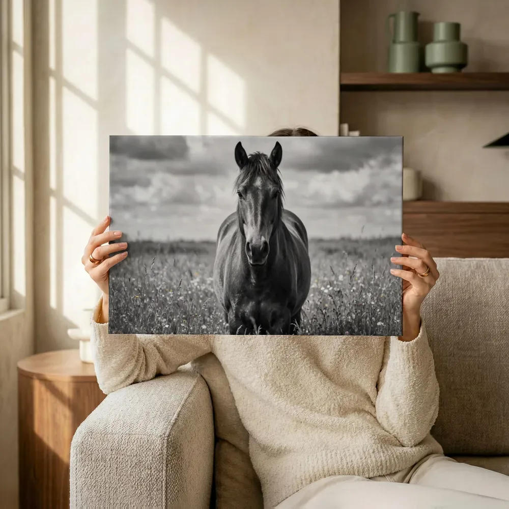 Sfeerimpressie: Paard frontaal, een zacht bewolkte hemel 2 terwijl het omhoog wordt gehouden