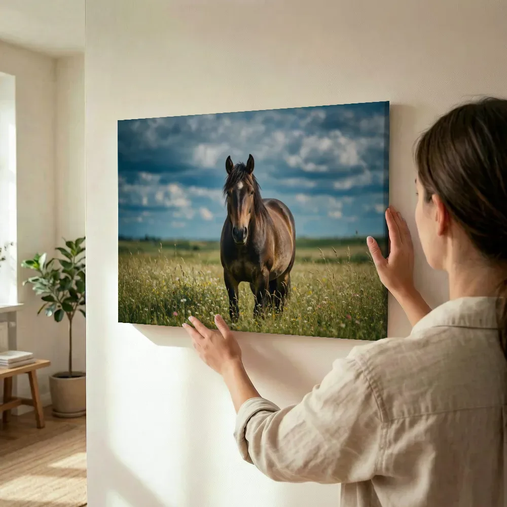 Sfeerimpressie: Paard frontaal, een zacht bewolkte hemel terwijl het wordt opgehangen