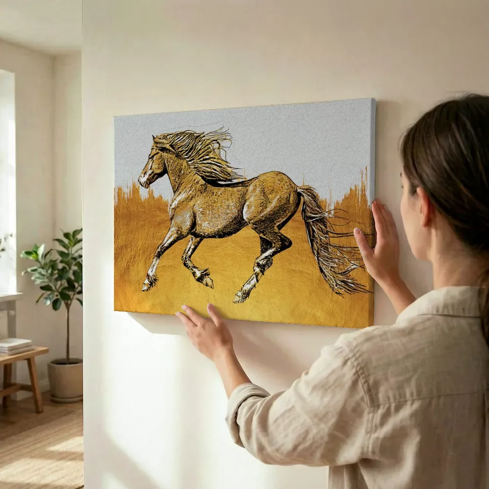 Sfeerimpressie: Paard in gouden illustratiestijl terwijl het wordt opgehangen