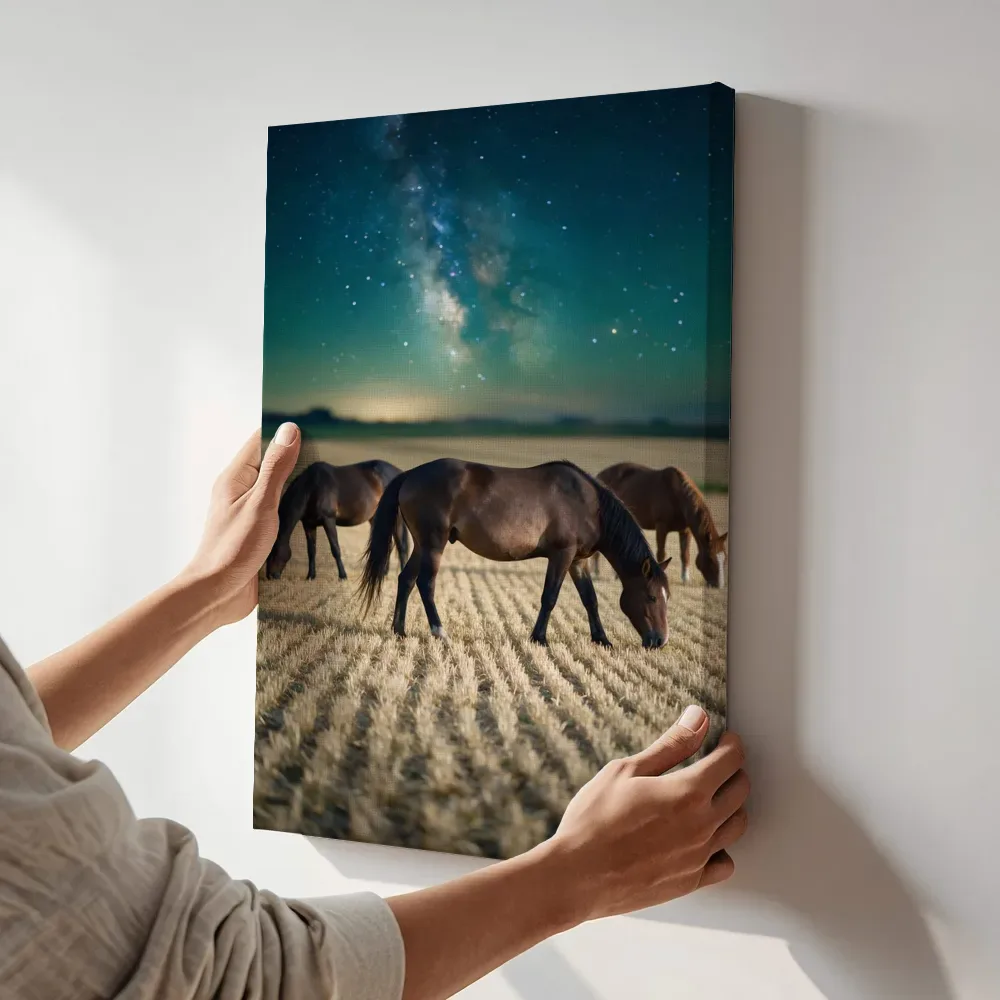 Sfeerimpressie: Paard in het veld, een heldere sterrenhemel terwijl het aan de muur wordt gehangen
