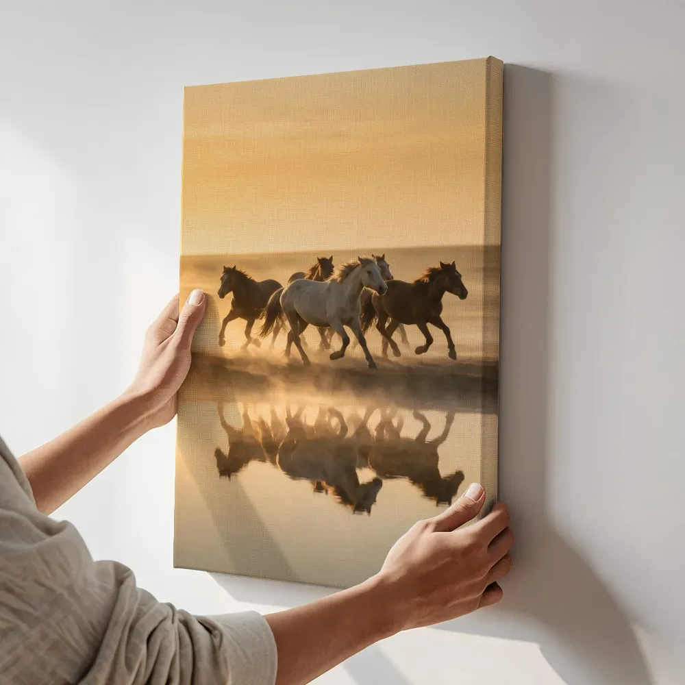 Sfeerimpressie: Paard in kudde, de ochtendmist terwijl het aan de muur wordt gehangen
