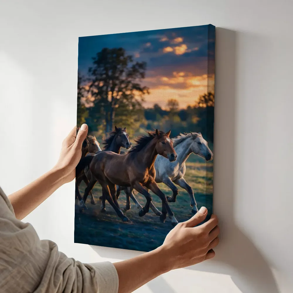 Sfeerimpressie: Paard in kudde, een blauw-oranje schemering terwijl het aan de muur wordt gehangen