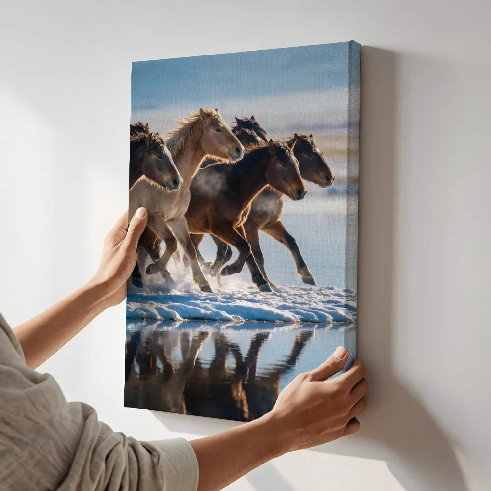 Sfeerimpressie: Paard in kudde, een dun laagje sneeuw terwijl het aan de muur wordt gehangen