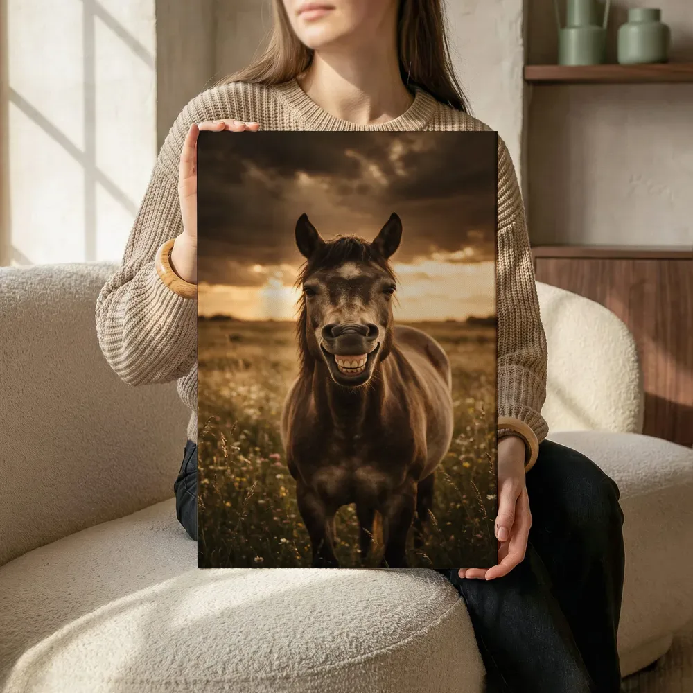 Sfeerimpressie: Paard lachend, een dreigende luchten met een sepia-gloed terwijl het zittend wordt getoond