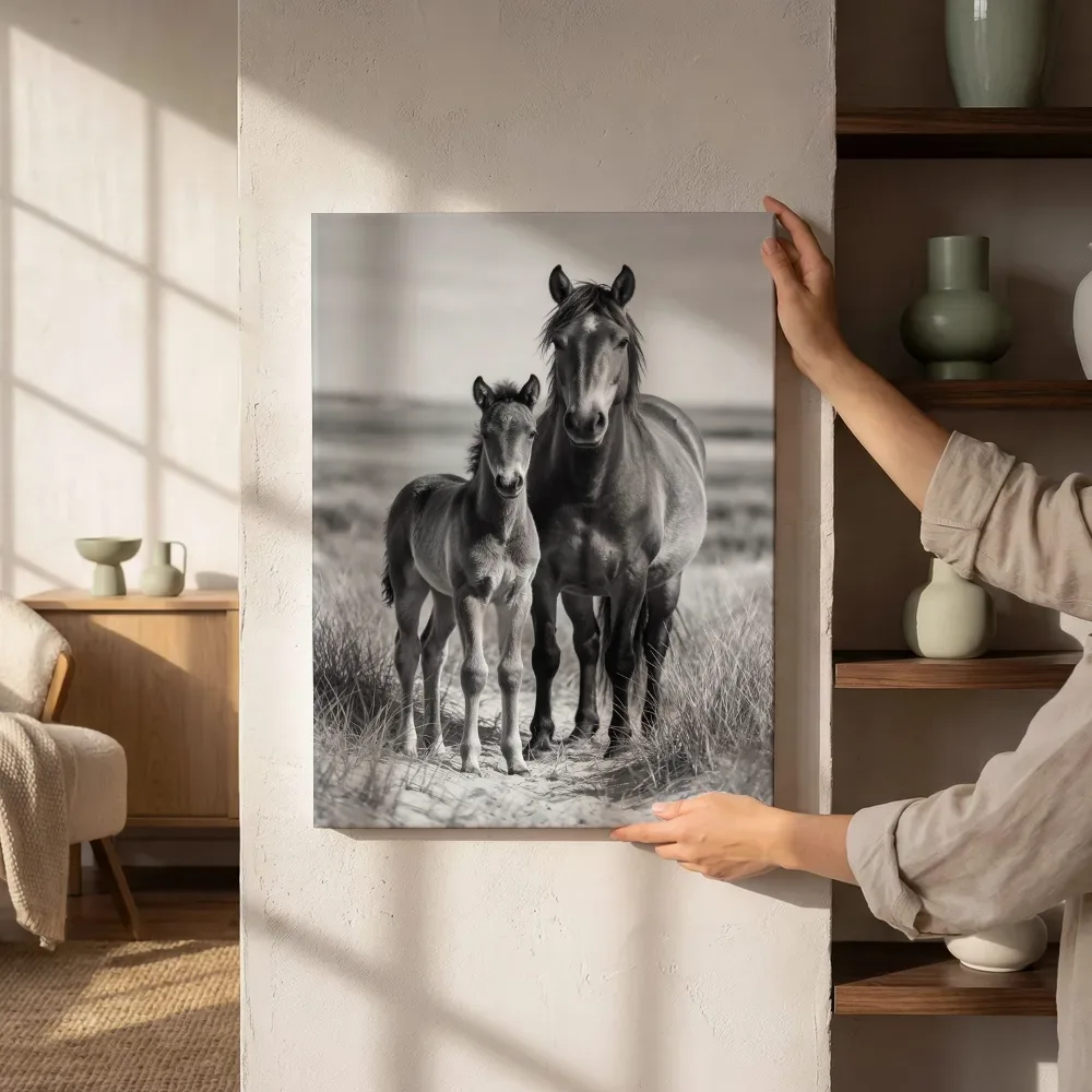 Sfeerimpressie: Paard met jong, een silhouet tegen een vurige zonsondergang naast de kast