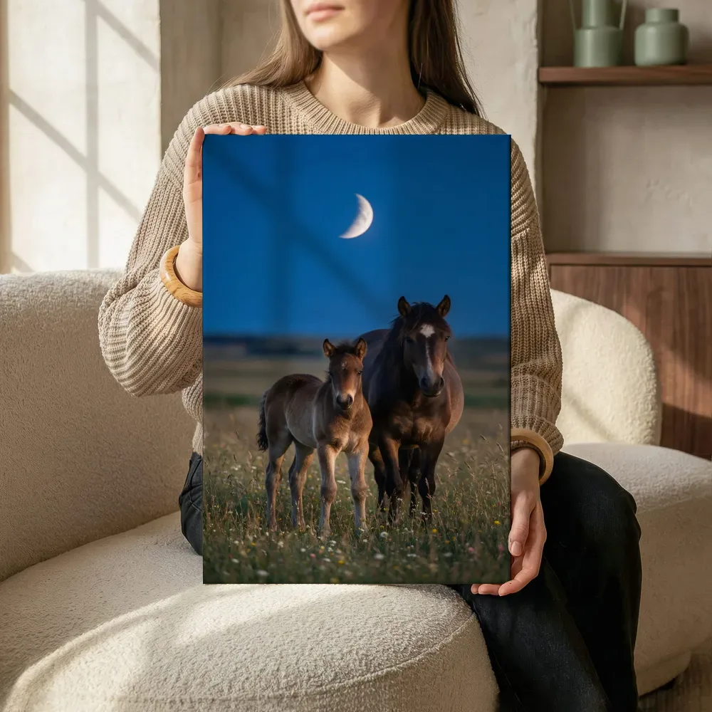 Sfeerimpressie: Paard met jong, het blauwe uur met een maansikkel terwijl het zittend wordt getoond