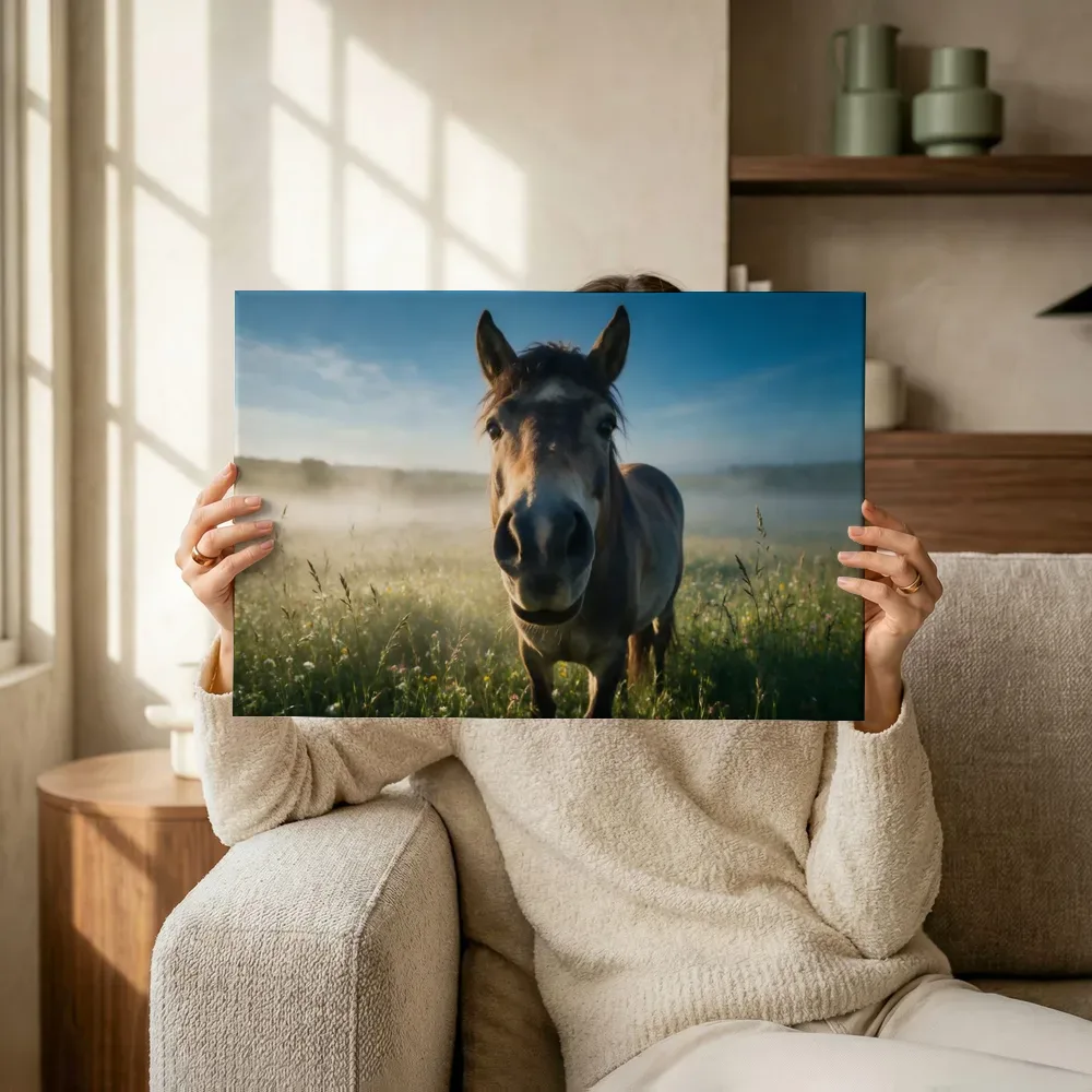 Sfeerimpressie: Paard nieuwsgierig, de ochtendmist 2 terwijl het omhoog wordt gehouden