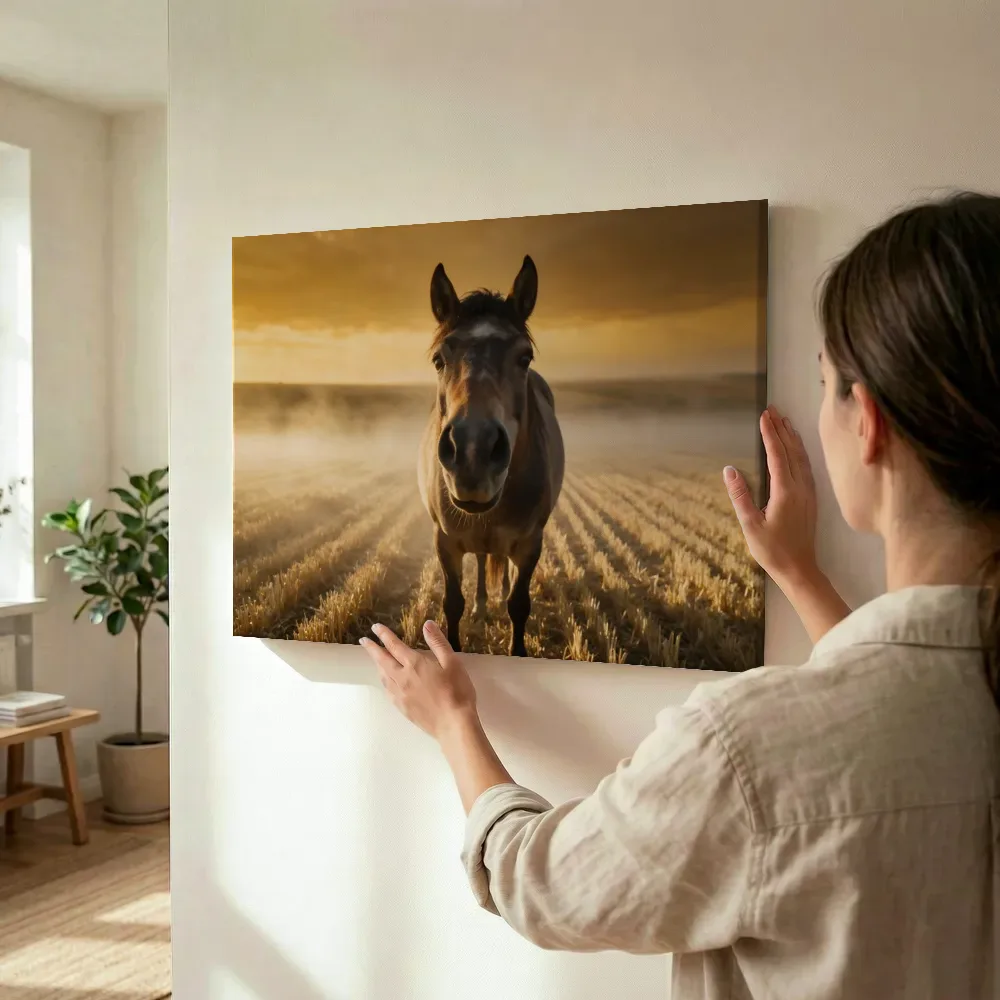 Sfeerimpressie: Paard nieuwsgierig, de ochtendmist terwijl het wordt opgehangen