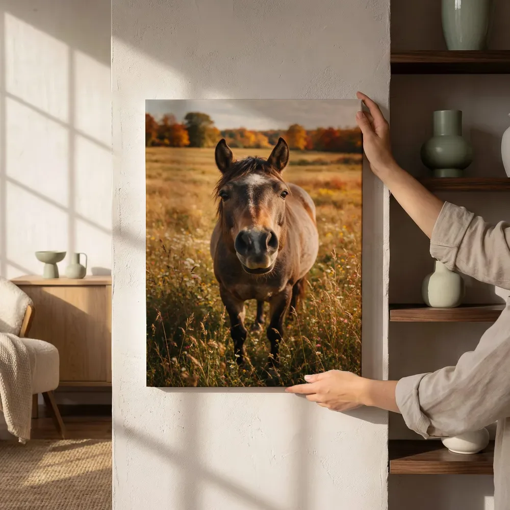 Sfeerimpressie: Paard nieuwsgierig, volle herfstkleuren naast de kast