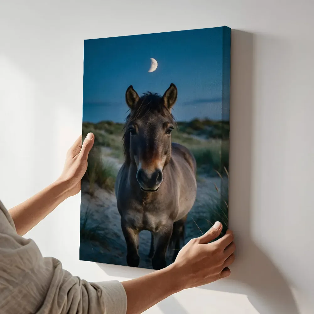 Sfeerimpressie: Paard recht in de lens, het blauwe uur met een maansikkel terwijl het aan de muur wordt gehangen