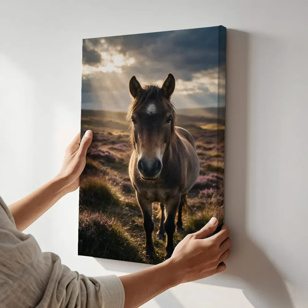 Sfeerimpressie: Paard recht in de lens, lichtbundels door de wolken terwijl het aan de muur wordt gehangen