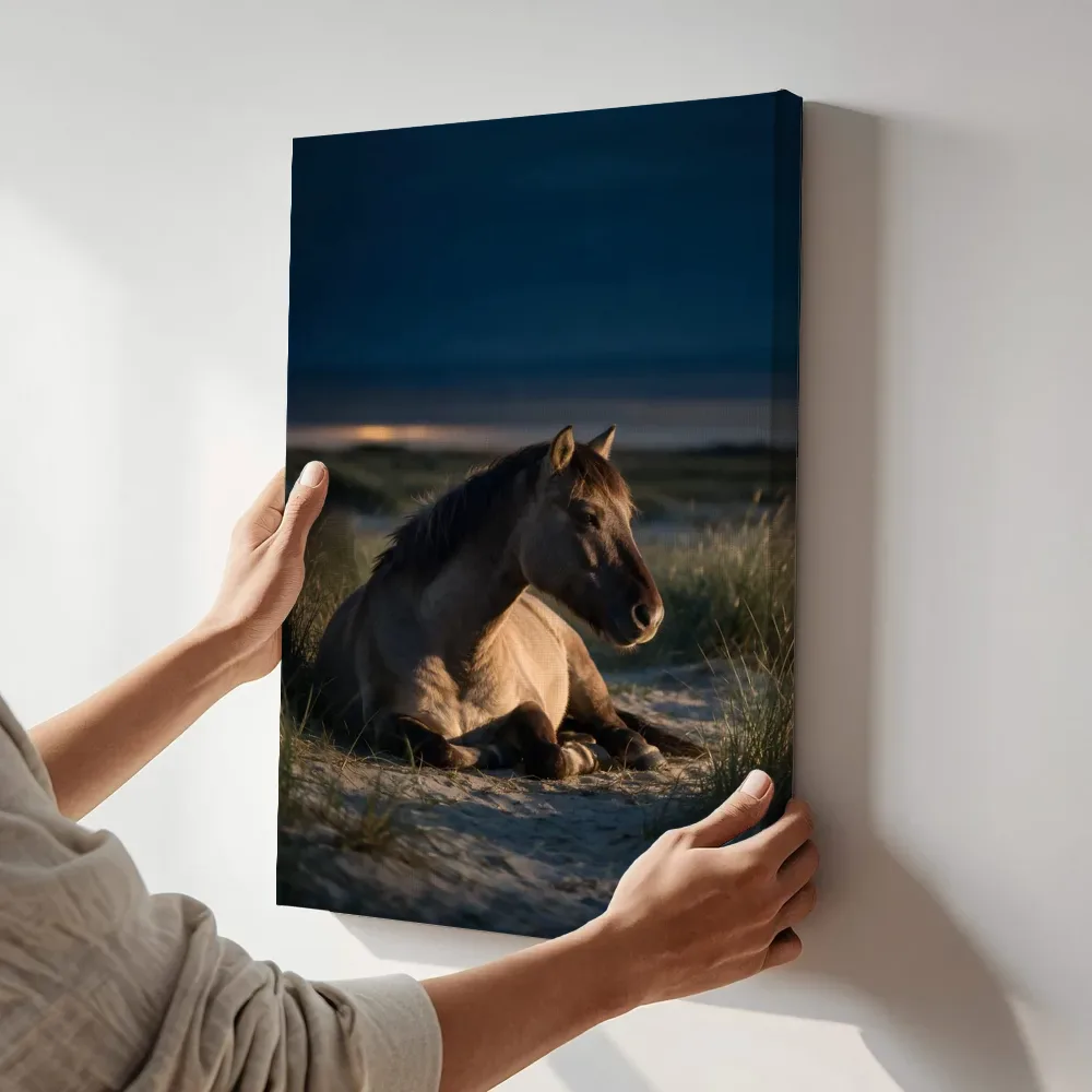 Sfeerimpressie: Paard rustend, de laatste gloed vlak voor de nacht terwijl het aan de muur wordt gehangen