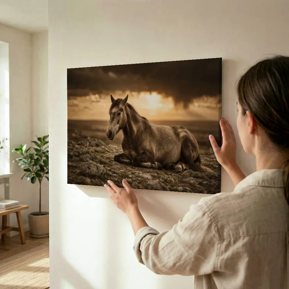 Sfeerimpressie: Paard rustend, een dreigende luchten met een sepia-gloed terwijl het wordt opgehangen