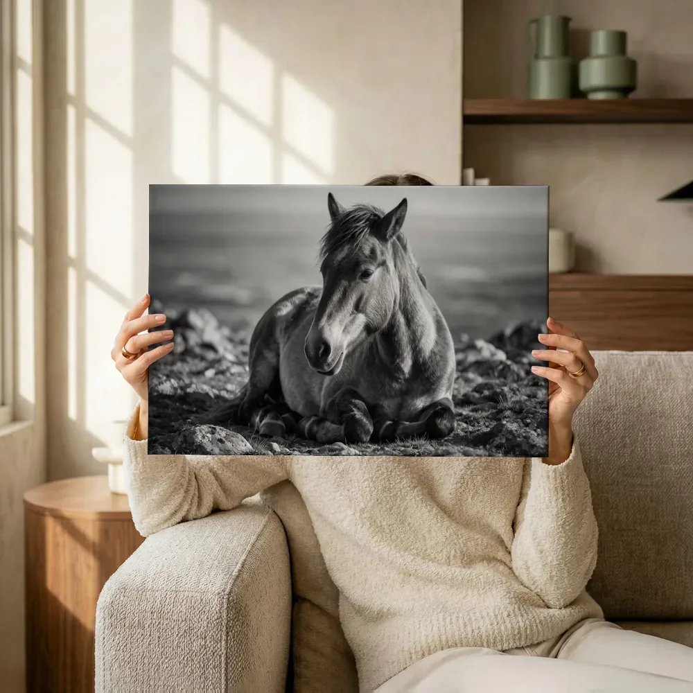 Sfeerimpressie: Paard rustend, een roze-paarse schemering terwijl het omhoog wordt gehouden