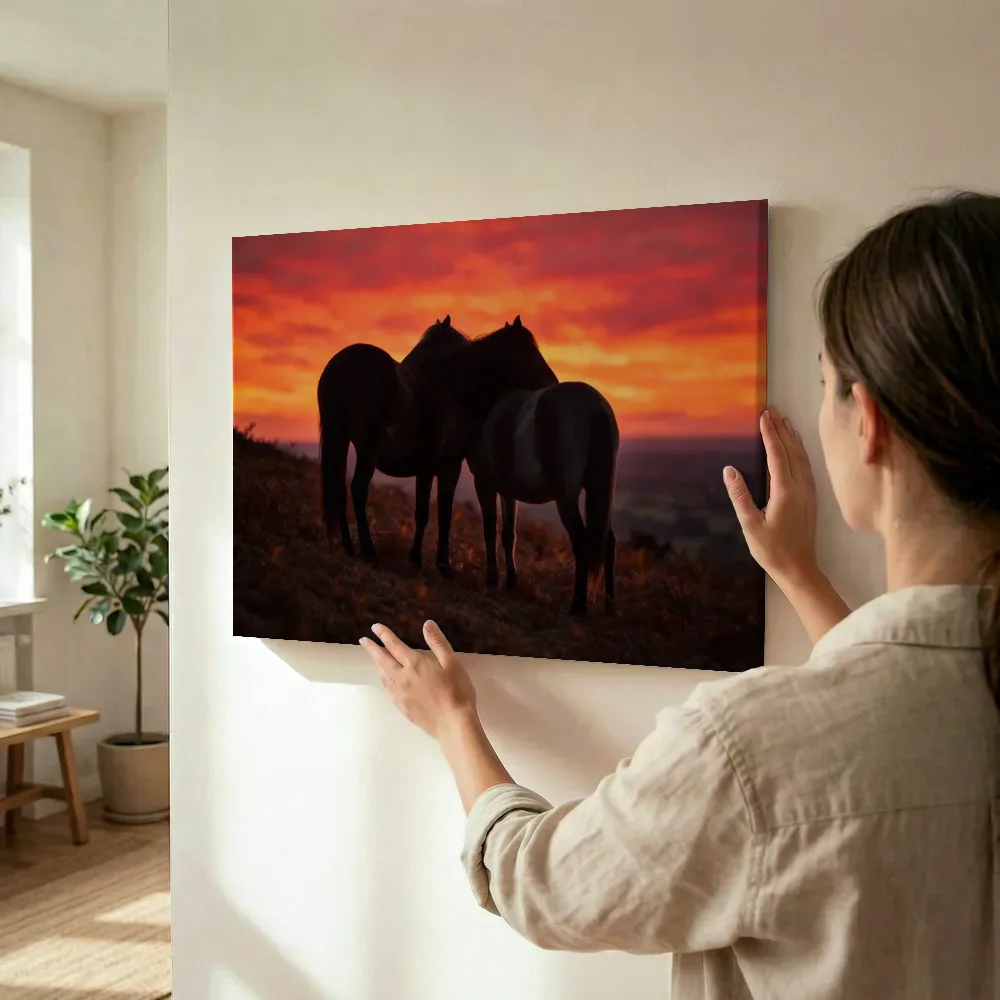 Sfeerimpressie: Paard samen, een silhouet tegen een vurige zonsondergang terwijl het wordt opgehangen
