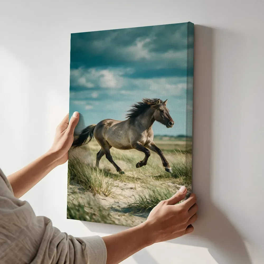 Sfeerimpressie: Paard steigerend, een zacht bewolkte hemel terwijl het aan de muur wordt gehangen