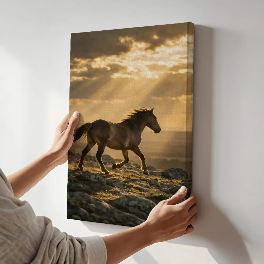 Sfeerimpressie: Paard steigerend, lichtbundels door de wolken 2 terwijl het aan de muur wordt gehangen