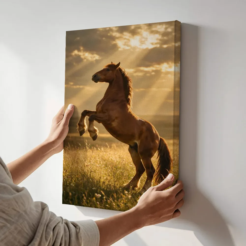 Sfeerimpressie: Paard steigerend, lichtbundels door de wolken terwijl het aan de muur wordt gehangen