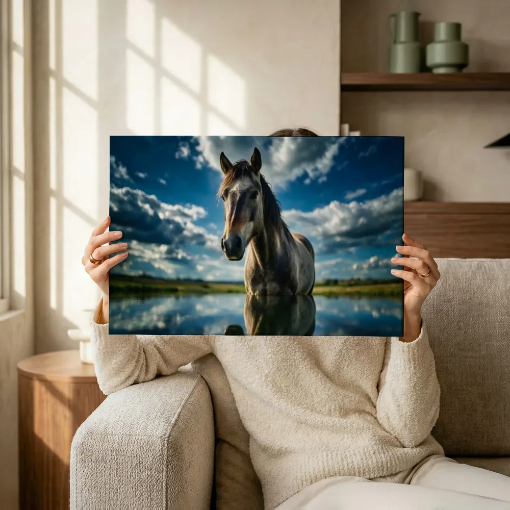 Sfeerimpressie: Paard van onderaf, een dramatische blauwe lucht terwijl het omhoog wordt gehouden