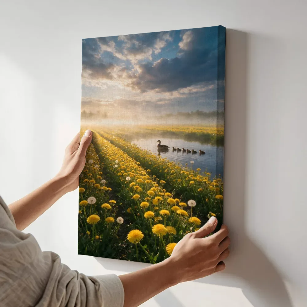 Sfeerimpressie: Paardenbloem bij de ochtendmist 2 terwijl het aan de muur wordt gehangen