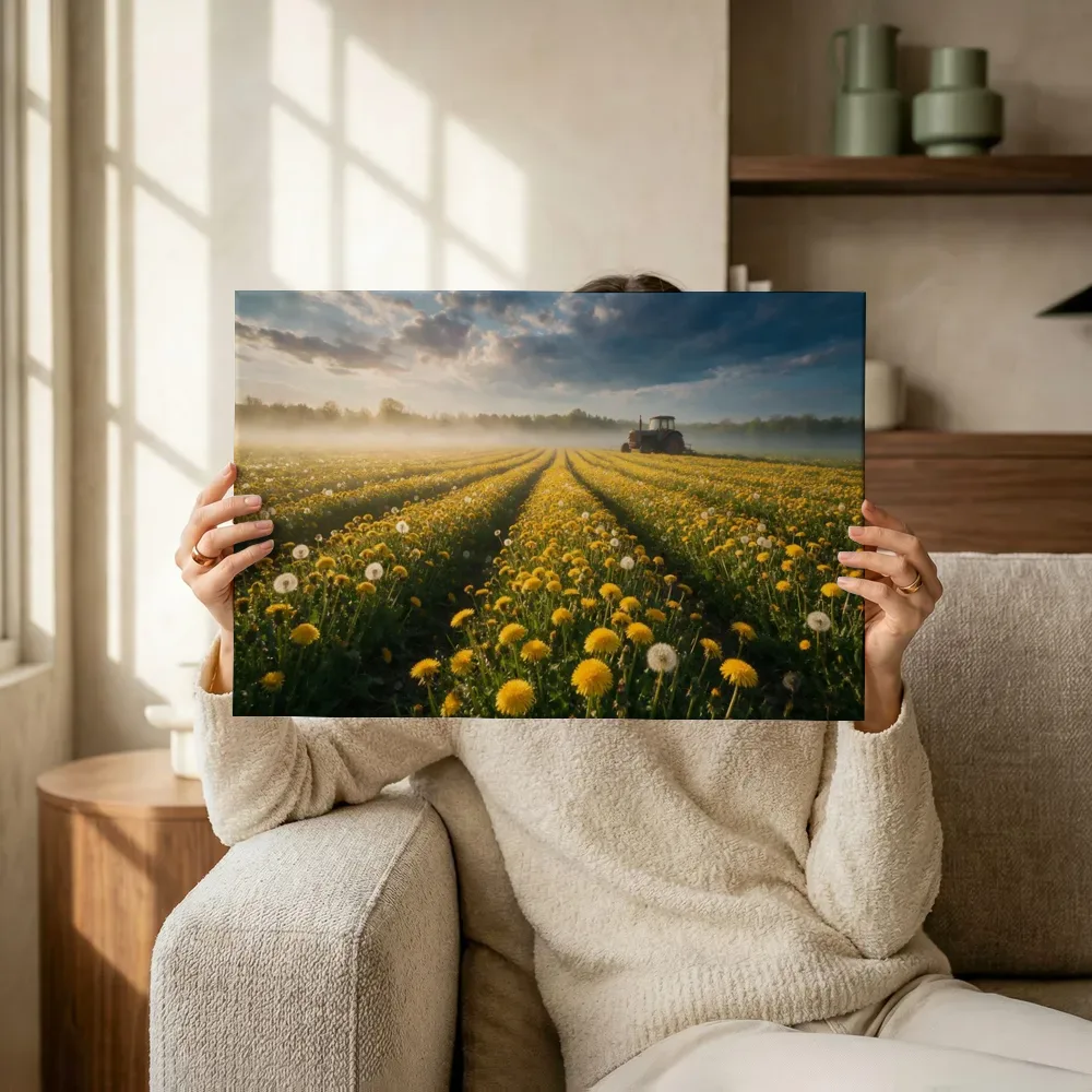 Sfeerimpressie: Paardenbloem bij de ochtendmist 3 terwijl het omhoog wordt gehouden