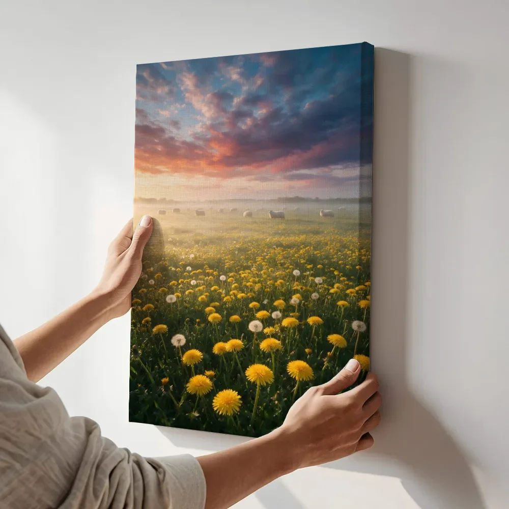 Sfeerimpressie: Paardenbloem bij de ochtendmist 5 terwijl het aan de muur wordt gehangen