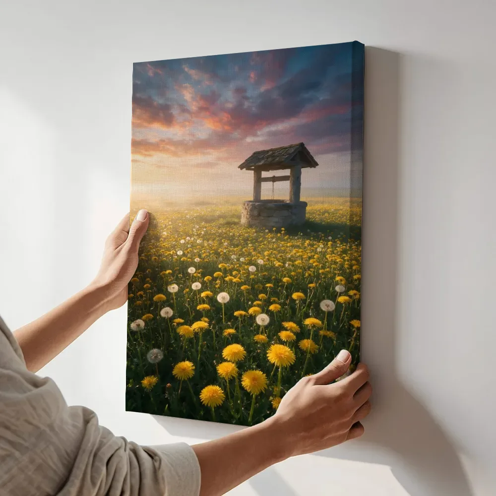 Sfeerimpressie: Paardenbloem bij de ochtendmist 8 terwijl het aan de muur wordt gehangen