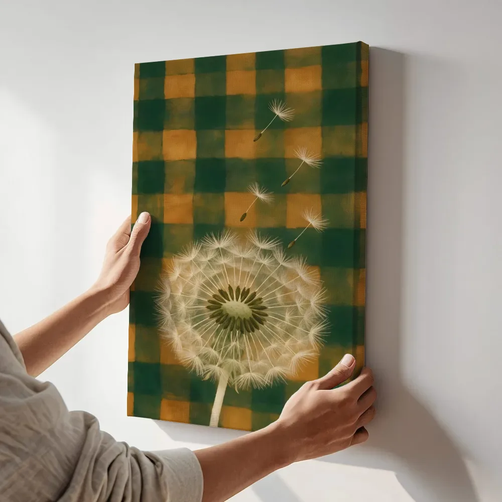 Sfeerimpressie: Paardenbloem in amber en flessengroen terwijl het aan de muur wordt gehangen