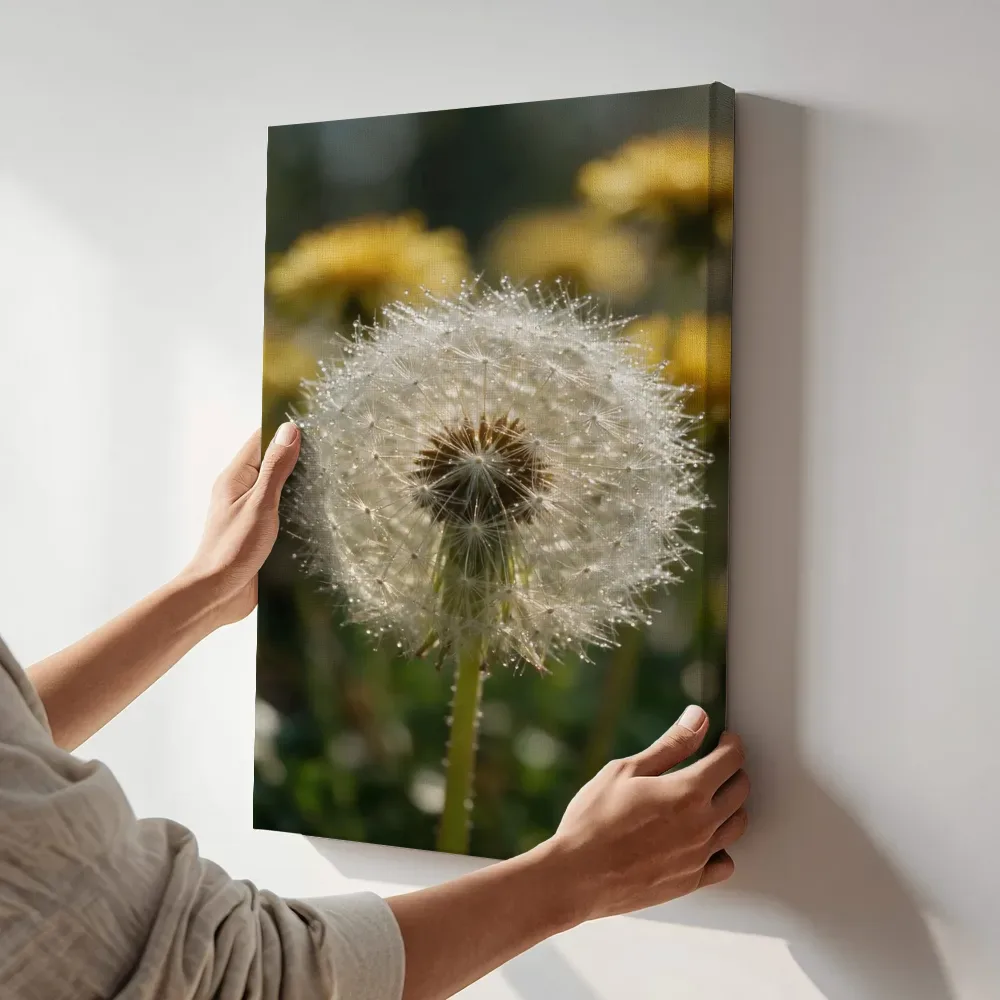 Sfeerimpressie: Paardenbloem in dauw, glinsterlicht 2 terwijl het aan de muur wordt gehangen