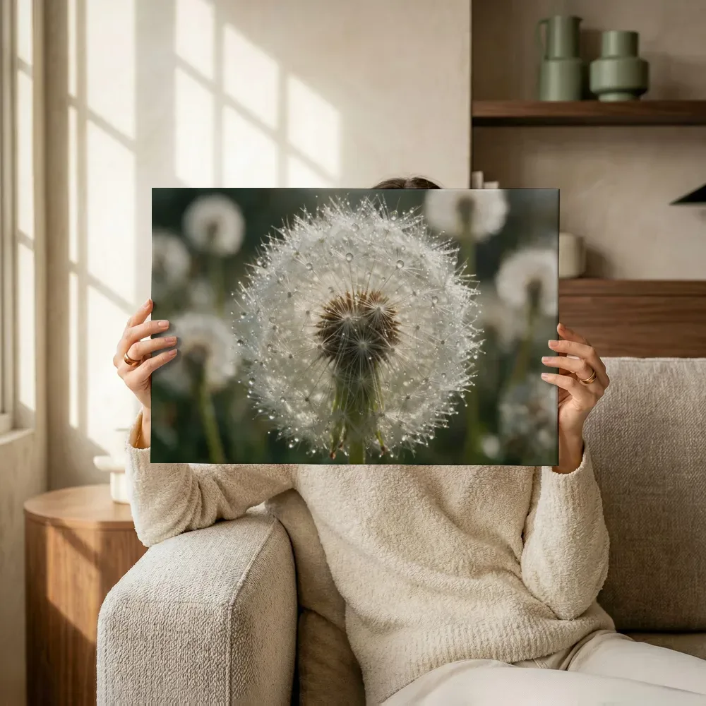 Sfeerimpressie: Paardenbloem in dauw, glinsterlicht terwijl het omhoog wordt gehouden