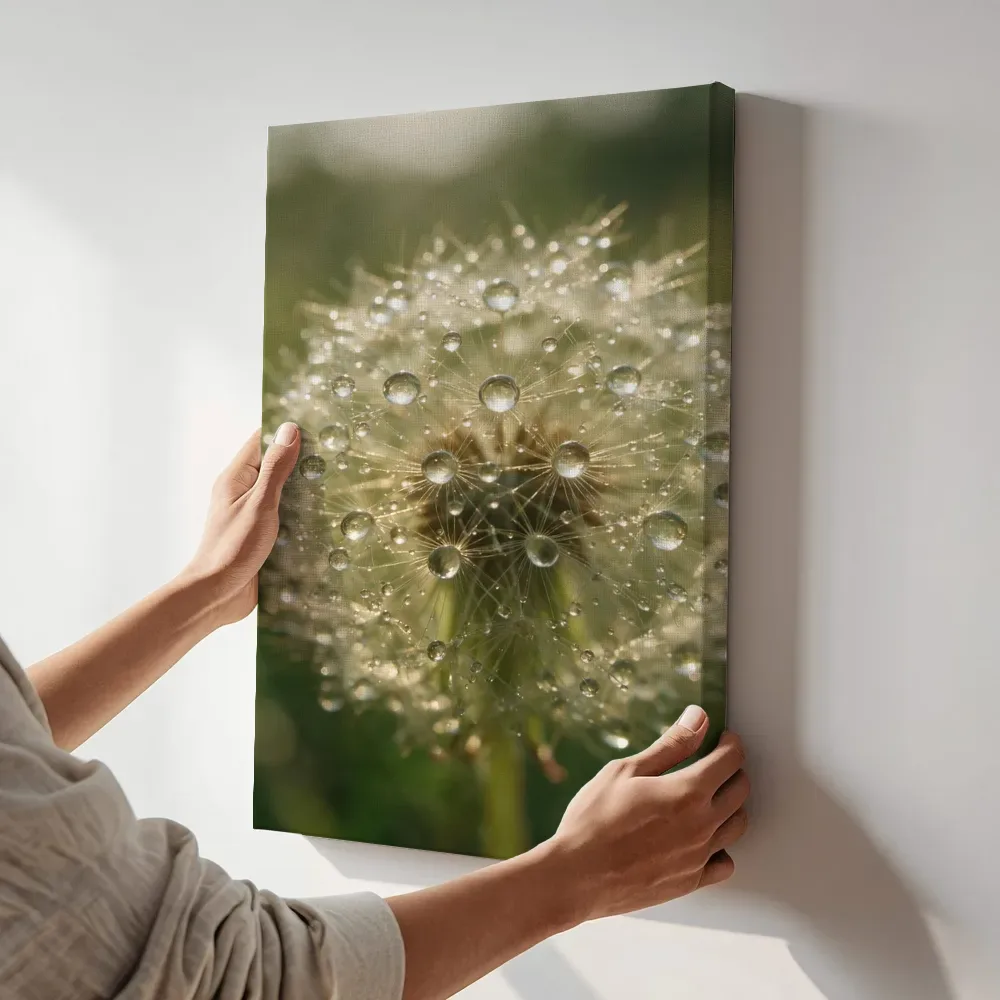 Sfeerimpressie: Paardenbloem in dauw, glinsterlicht, gouden veld 2 terwijl het aan de muur wordt gehangen