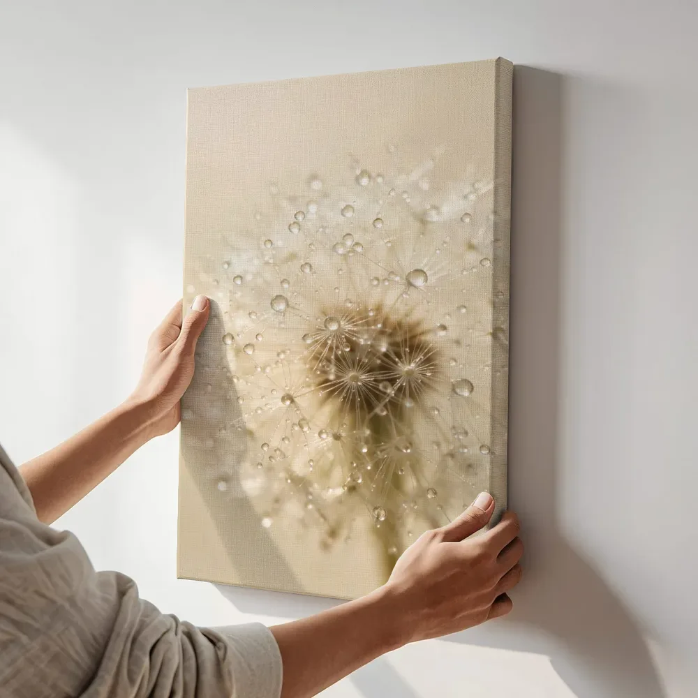 Sfeerimpressie: Paardenbloem in dauw, glinsterlicht, romige gloed 2 terwijl het aan de muur wordt gehangen