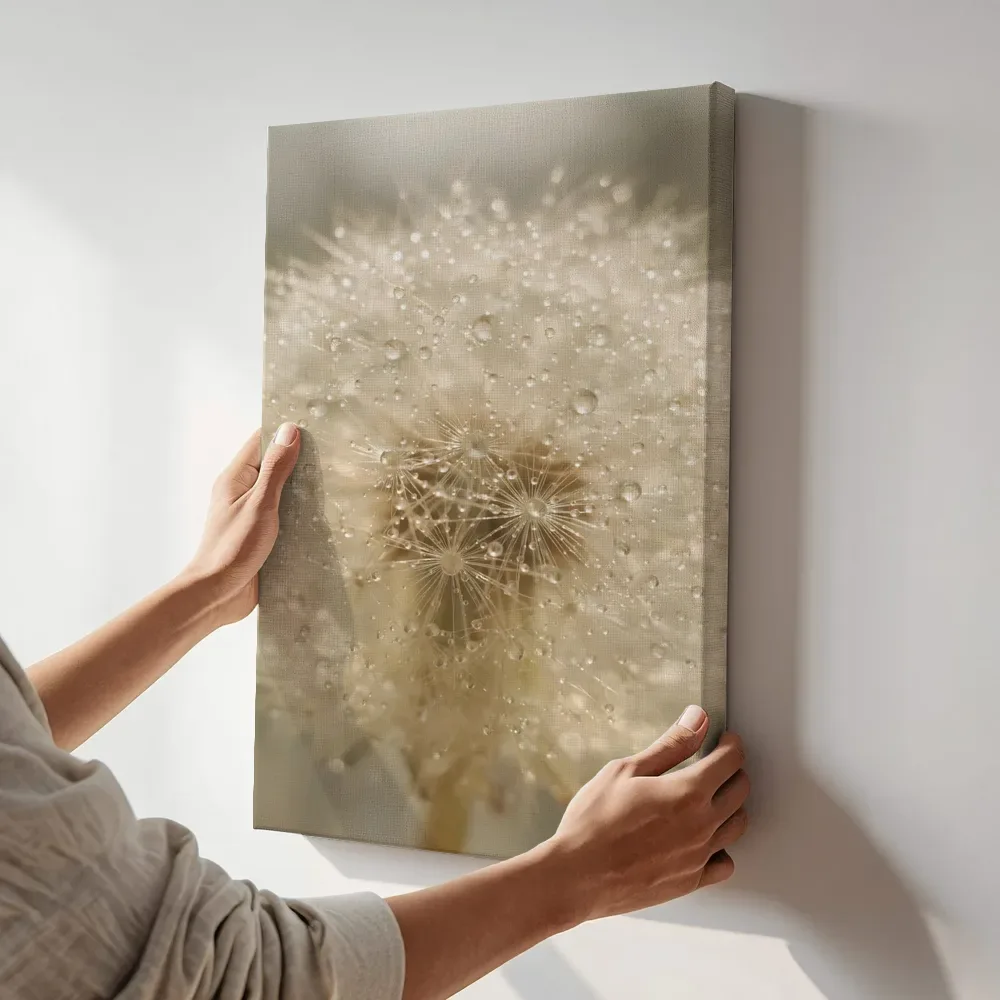 Sfeerimpressie: Paardenbloem in dauw, glinsterlicht, romige gloed terwijl het aan de muur wordt gehangen