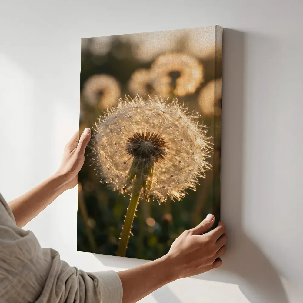 Sfeerimpressie: Paardenbloem in dauw, gouden gloed 2 terwijl het aan de muur wordt gehangen