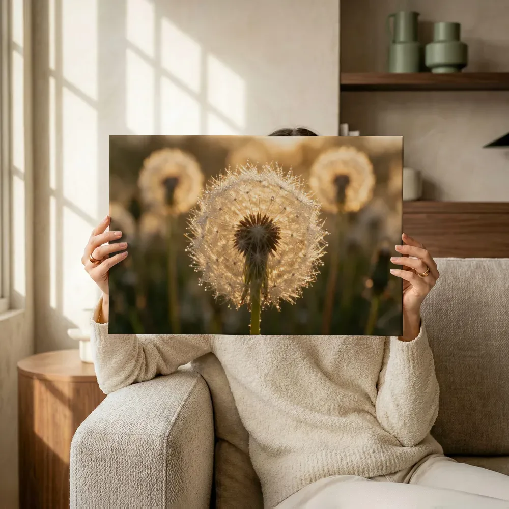 Sfeerimpressie: Paardenbloem in dauw, gouden gloed terwijl het omhoog wordt gehouden